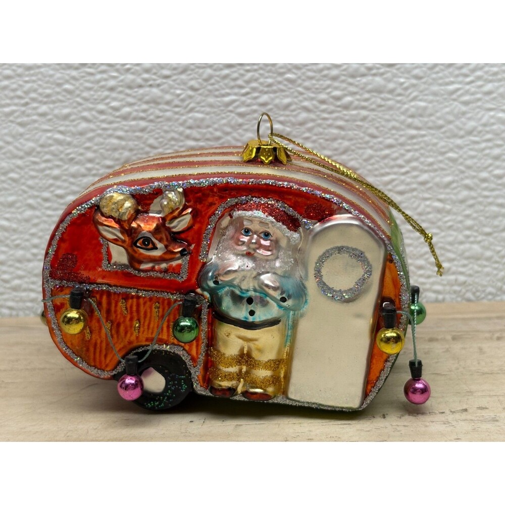 Blown Glass Santa Camper Travel Trailer Christmas Tree Ornament
